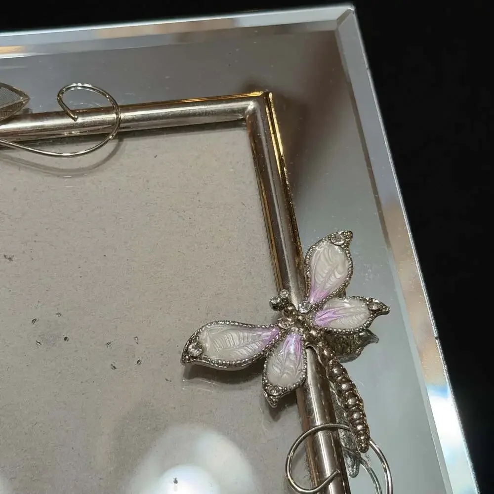 Vintage Style Mirrored Photo Frame with Enamel Dragonfly and Floral Accents